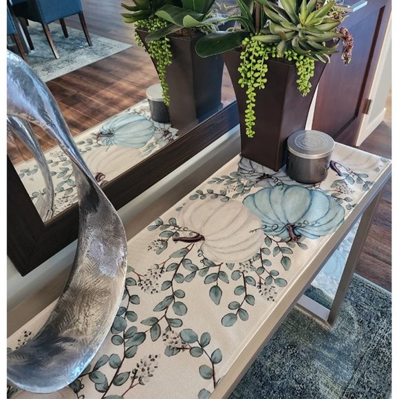 Long Table Runner Fall Decor Pumpkin Farmhouse Thanksgiving Home Decoration Teal - Picture 5 of 9